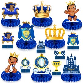 14 Pieces Royal Prince Themed Honeycomb Centerpiece Blue Little Prince Table Decoration African American Prince Birthday Baby Shower for Boy Kids' Party Supplies