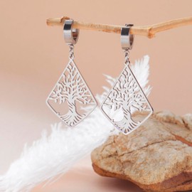 KKJOY Rhombic Tree of Life Pendant Earrings Stainless Steel Family Tree of Life Dangle Earrings Nature Inspired Spiritual Jewelry for Women Charming Ladies