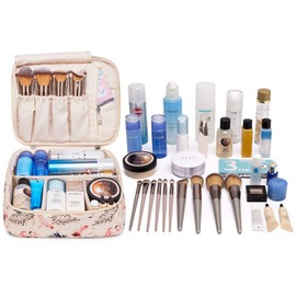 Travel Makeup Bag Large Cosmetic Bag Make up Case Organizer for Women (Beige Flamingo)