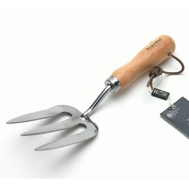 Garden fork stainless steel, hardened teeth with wooden handle, leather strap 29 CM long, made in England