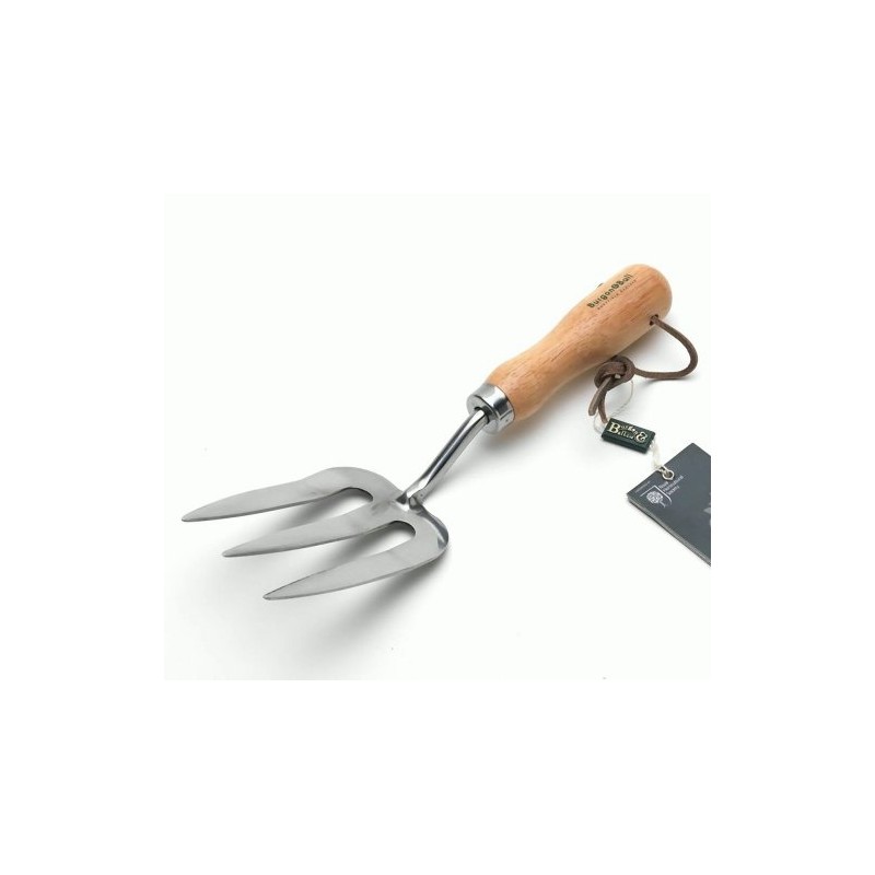 Garden fork stainless steel, hardened teeth with wooden handle, leather
