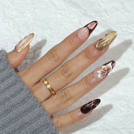 Medium Press on Nails Almond Fake Nails French False Nails Brown Artificial Nails with Gold Charm Designs 3D Flowers Handmade Nails Floral Stick on Nails for Women 24pcs