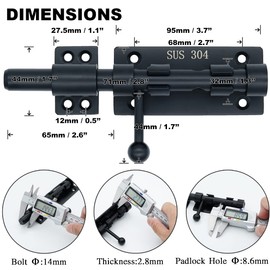 XQDWX Barrel Bolt Door Latch With Padlock Hole, Thickened 304 Stainless Steel Slide Door Lock, 6 Inch Black, No '304' logo, 2 Pack, 216BB-BL-2