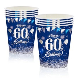 MORAINJAY 16Pcs Birthday Cups for 60,9oz/250ml Navy Blue Silver Paper Cups for 60th Birthday Party,Party Cups for Men Women Her Him,Birthday Party Supplies Table Decor