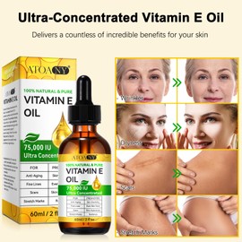 KITNOBLIS Vitamin E Oil for Skin - 75,000 IU | Vitamin E Oil for Scars, Stretch Marks, Wrinkles, 100% Natural d-Alpha Tocopherol for Face & Hair, Moisturizing Anti-Aging (4 Fl Oz)