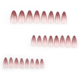 Almond Press on Nails Medium Length Brown French Tip Fake Nails with Glue Stiletto Shape Glossy Acrylic Nails Full Cover Pink Gradient False Nails for Women DIY Manicure Decoration 24PCS