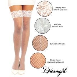 Dreamgirl womens Fishnet Thigh High Stockings With Silicone Lace Top adult exotic hosiery, White, One Size US