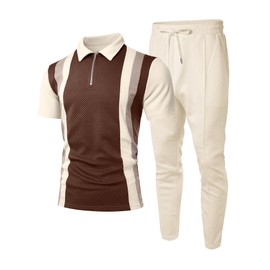 UOUA Mens Sweat Suits Set Tracksuit 2 Piece Outfits Short Sleeve Casual Sweatshirt & Loose Jogging Pants Polo Track Suit Loungewear Athletic Sweatsuit Brown Beige 2XL