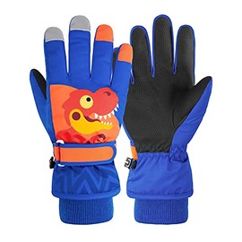 Guantes de invierno impermeables para niños, guantes de nieve, guantes de esquí para niños y niñas, resistentes al viento, azul real, dinosaurio S