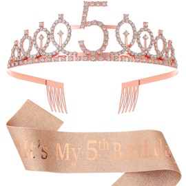 5th Birthday Decorations for Girls,Rose Gold Glitter Sash & Rhinestone Crown for 5 Year Old Girl Birthday Decor,Ideal Princess Gifts and Accessories for Little Birthday Girl