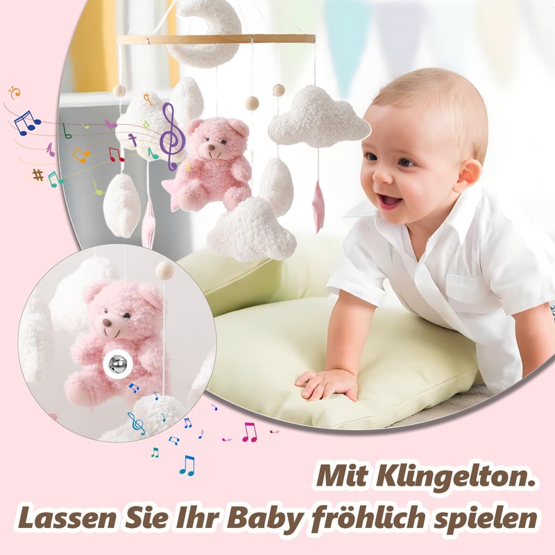 Herfair Mobile Baby Bed Bell with Teddy Bear Wooden Girls