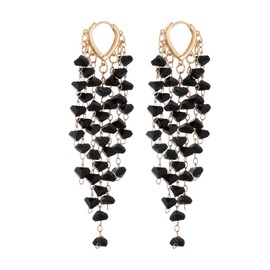 Winssigma Fringe Hoop Dangle Earrings, Long Beads Tassel Chain Earrings for Women Sparkly Chandelier Earrings(Black)