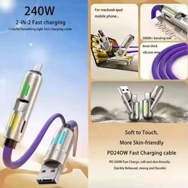 4 in 1 Fast Charging Cable, Silicone, with Colored LED Lights, 240W 6A Mobile Charging Cable Type C PD 27W (Purple, 6.28 FT.)