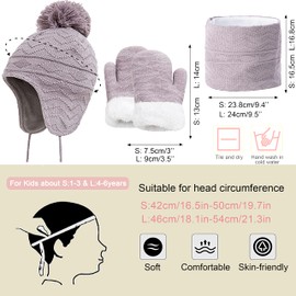 CheChury Children's Hat Scarf Gloves Set Boys Girls Knitted Hat with Pompom Tube Scarf Baby Winter Hat Beanie Hat Scarf Set Winter Hat Winter Scarf Warm Inner Lining for Children 1-6 Years, gray