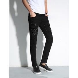 Idopy Men`s Punk Gothic Night Club Party Buckles Motorcycle Pants Jeans Black 32