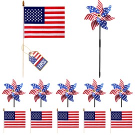6 Pcs Patriotic Pinwheels, 6 Pcs Small American Flags on Stick 8x12 Inch, Windmill for Yard, Garden, US American Hand Held Stick Flags for 4th of July Decorations, Patriotic Decorations