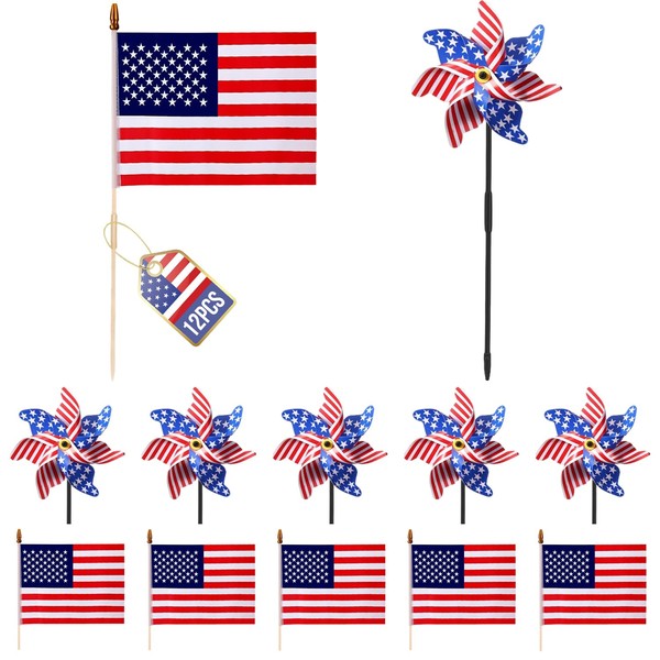 6 Pcs Patriotic Pinwheels, 6 Pcs Small American Flags on