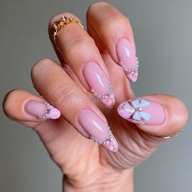 French Tip Press on Nails Almond Shaped False Nails Medium Artificial Acrylic Nails Bow Tie and Pear Design Pink French Fake Nails Full Cover Reusable Coffin Nails Glue on Nails for Women Supplies