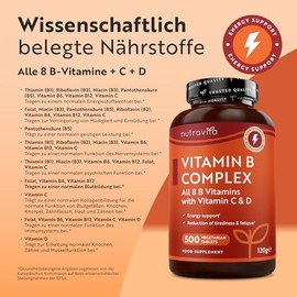 Nutravita Vitamin B Complex with Vitamin C + D + Biotin - 500 Tablets for +1 Year Vorat, Metabolism, Mental Function, Nervous System (EFSA)