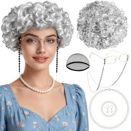 7 Pcs Silver Old Lady Wig Crazy Hair Day Costume for Women, Funny Party Grandma Wigs Short Curly Granny Hair Accessories for Halloween Christmas Cosplay Costume Party