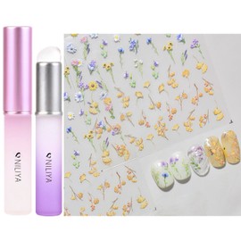 NILIYA 2PCS Silicone Nail Art Brush for Chrome Nail Powder, One Sheet Flower Nail Art Stickers Decals,Floral Plant leaf Design of 5D Embossed Self-Adhesive Supplies, Ombre Applicator for Beginners