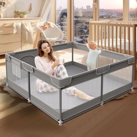 XVISHX Baby Playpen, 50×50×27 Inches Baby Play Pen, Baby Play Yard for Babies and Toddlers with Gate, Indoor & Outdoor Activity Center, Sturdy Safety, Soft Breathable Mesh, Grey