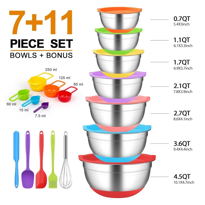 CHAREADA Mixing Bowls with Airtight Lids, 18pcs Stainless Steel Nesting