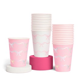 SWEETFREE 24PCS Bow Party Paper Cups - 14oz Disposable Foil Cups for Bachelorette Decorations, Bow-Themed Birthday, Bridal Shower, and Engagement Drinkware