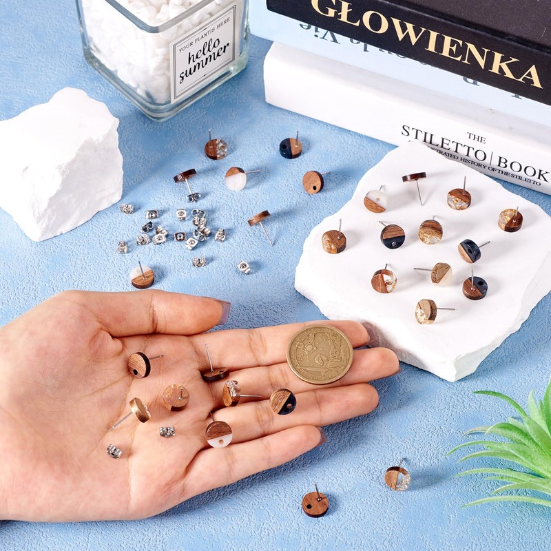 PandaHall 30pcs Resin Wood Stud Earrings, 10mm Flat Round Wooden