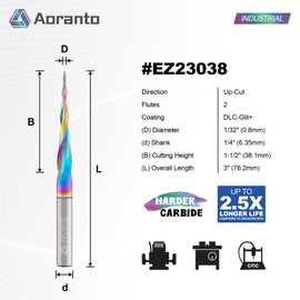 Aoranto EZ23038 4.2° Tapered Ball Nose CNC Router Bit 1/4 Inch Shank, Industrial Quality Extra Long Life Coating Carbide Spiral End Mill for 3D Carving Engraving, 2 Flutes 1/32" Tip Dia x 1-1/2" CL