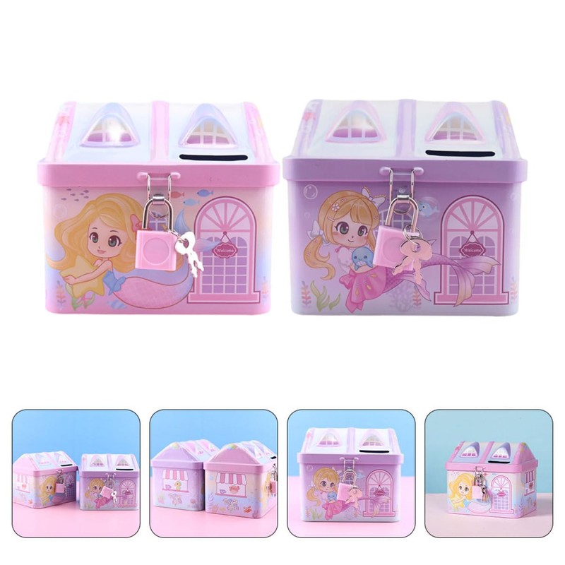 Mobestech 2pcs Adorable Mermaid Pattern Tinplate Coin Bank House Shaped