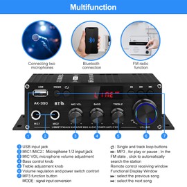 Stereo Audio Amplifier for Home, AK-390 Bluetooth5.0 HiFi Mini Audio Amp 2.0 Channel RMS 40W X 2 Audio Component Speakers Amplifiers with 12V/5A Adapter, FM Radio, (BT,USB, AUX, Mic) Input
