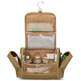 Prokva Tactical Toiletry Travel Bag for Men, Hanging Dopp Kit Hygiene Bag Shower Organizer with Hook for Toiletries and Shaving Care, Khaki (Empty Bag)