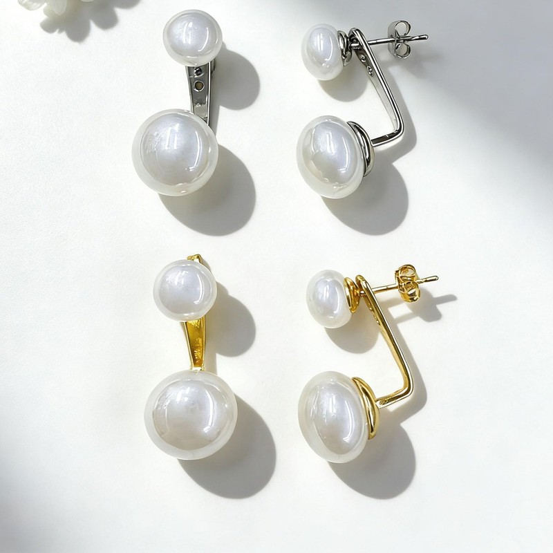 Pearl Earrings for Women Chunky Pearl Stud Earrings Front Back