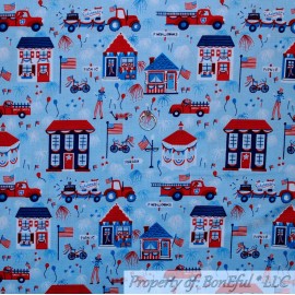 Elizabeth Studios BonEful Fabric FQ Cotton Quilt Blue Red White USA Town City People American Flag