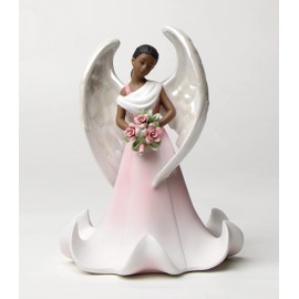 Fine Porcelain African American Black Rose Garden Angel Holding Pink Rose Flowers Figurine, 6-5/8 H Pink, Brown, White, Yellow, Green