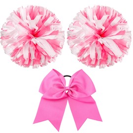 Hanaive Cheerleading Pom Poms and Large Cheerleader Hair Bow for Girl, 3 Count (12 Inch Large Metallic Pink and White Mixed, Matte) for Sports Team Spirit Cheering