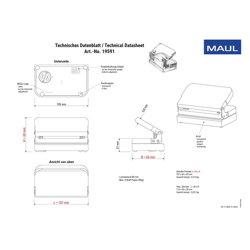 Maul 1959105 Acrylic Paper Punch, 110 x 65 x 60