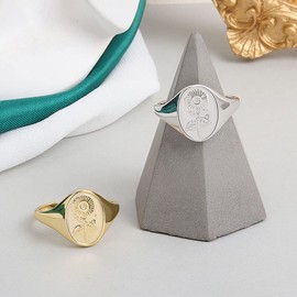 Flower Signet Ring, Floral Pinky Ring for Women Sun Flower Pattern Signet Style Wedding Engagement Promise Anniversary Ring, Minimalistic Statement Ring Jewelry, Copper, No Gemstone