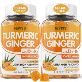 Sugar Free Turmeric Ginger Gummies with 5000 IU Vitamin D3 & K2 (MK7), C - Vegan Turmeric Supplement Gummies for Adults 1500mg with Black Pepper, Supports Bone, Immune & Digestive Health - 120 Cts