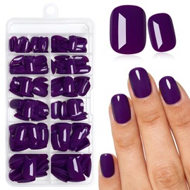 240PC Extra Short Press on Nail Square Dark Purple Fake Nails with Tabs