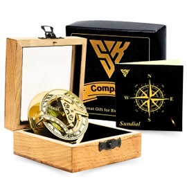 SKLUUYER Vintage Sundial Compass -Solid Brass Pocket Sundial with Wooden Box Home Decor Gifts Sun Clock Ship Replica Watch Maritime Decor Gift
