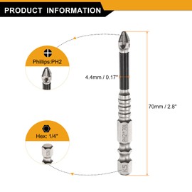 sourcing map 2pcs Impact Phillips Screwdriver Bit PH2 (#2) Anti Slip Tip 1/4" Hex Shank 2.8" (70mm) Long Magnetic Cross Screw Driver Industrial Power Drill Bits for Remove Fastening Screws