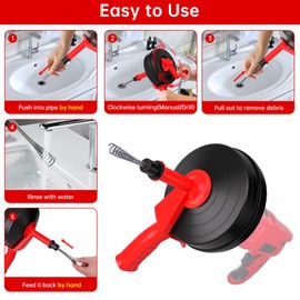 Drain Auger,SEVVETROOL Spin 1/4"x50' Hybrid Drain Cleaning Machine Snake Auger with Auto-Feed,Plumbing Snake Clog Remover with Glove for Shower,Bathtub,Sink,Kitchen,Sewer(7.5M/25ft,Red)