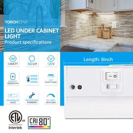 TORCHSTAR LED Under Cabinet Task Lighting 3CCT, Hardwired or Plug-in, Dimmable & Linkable, 3 Color Selectable - 3000K/4000K/5000K, 6W 360LM, ETL & Energy Star, 12 Inch, 120V, Aluminum, 4 Pack