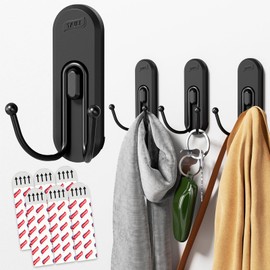 TAILI Adhesive Double Hooks for Hanging, 4 Coat Hooks & 6 Strips, Heavy Duty No-Drill Removable Large Wall Hanger for Towel, Backpack, Hat, Door,Kitchen Home Decor, Decorative Holder - Matte Black