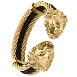 Klapgo Men's Gold Bracelet Viking Lion Head 316 Stainless Steel Leather Open Cuff Leather and Rope Chain Gothic Vintage Animal Totem Bangle