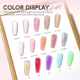 PEACECOLOR 36Pcs Poly Nail Gel Kit with Drill U V Light, 15 Colors Hot Pink Nude Blue Purple Nail Extension Gel with Slip Solution Glossy Matte Top Coat Starter Kit Home Salon DIY