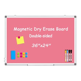 WALGLASS Magnetic Whiteboard 36"x24" Dry Erase White Board for Walls with Pen Tray, Aluminium Frame and Dry-Wipe Writing Surface for Kids' Drawing, Home, and Office (Pink)