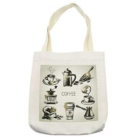Ambesonne Coffee Tote Bag, Brewing Equipment Doodle Sketch Grinder French Press Plastic Cup Scoop Vintage, Cloth Linen Reusable Bag for Shopping Books Beach and More, 16.5" X 14", Black Yellow